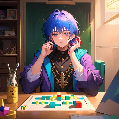 A 8k Anime young boy (20 years old) handsome Wizard, he is assembling a Rubik's Cube. Her hair is a purple Chanel cut, the boy i...
