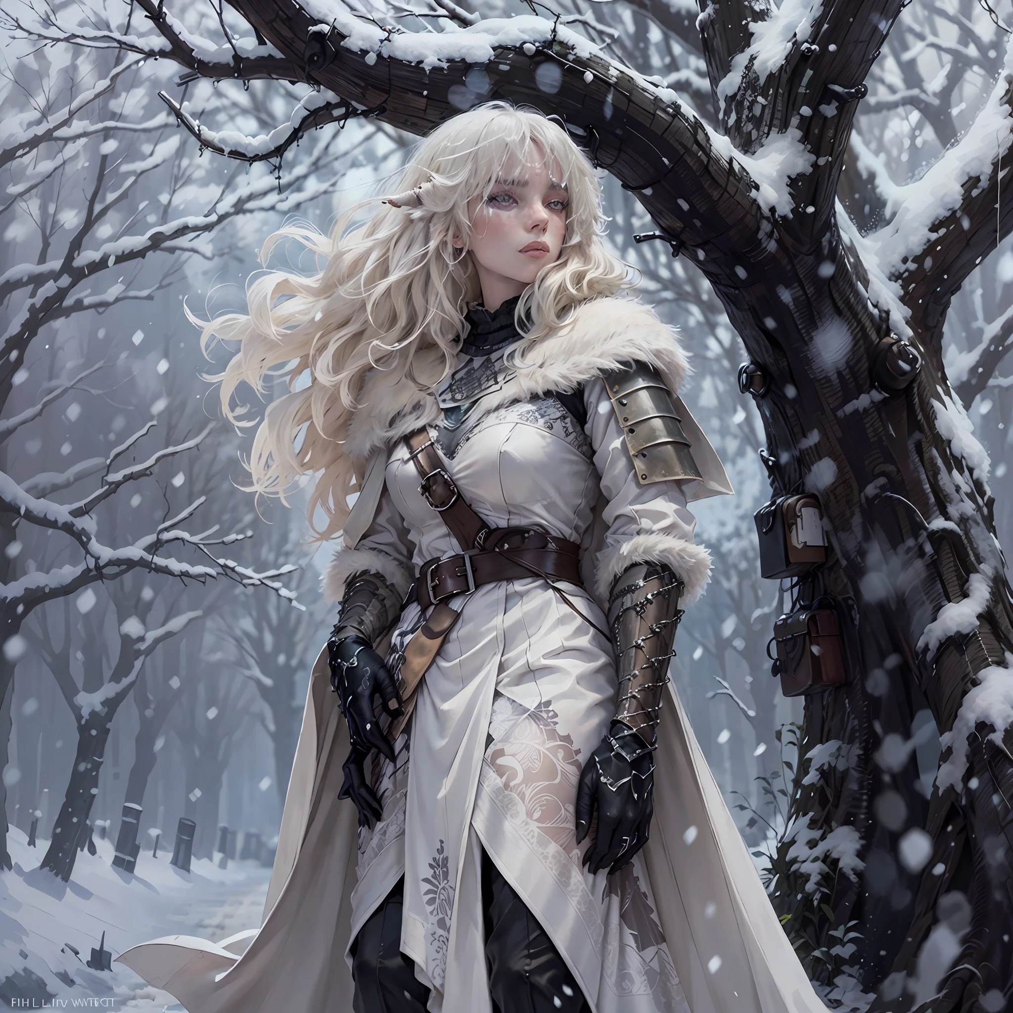 (masterpiece, top quality, best quality, official art, detailed:1.2), billieeilishW3, 1woman, solo, highly detailed face, perfect hands, long white wavy hair with symmetrical black ram horns and no bangs, outdoors, wearing full pleated armor, tree, fur trim cape in white, black gloves, snow, snowing, winter, walking and looking away with a hand on her belt, bare tree, flat chested and fully clothed with long sleeve medieval shirt and black trousers and armored shoulder pads