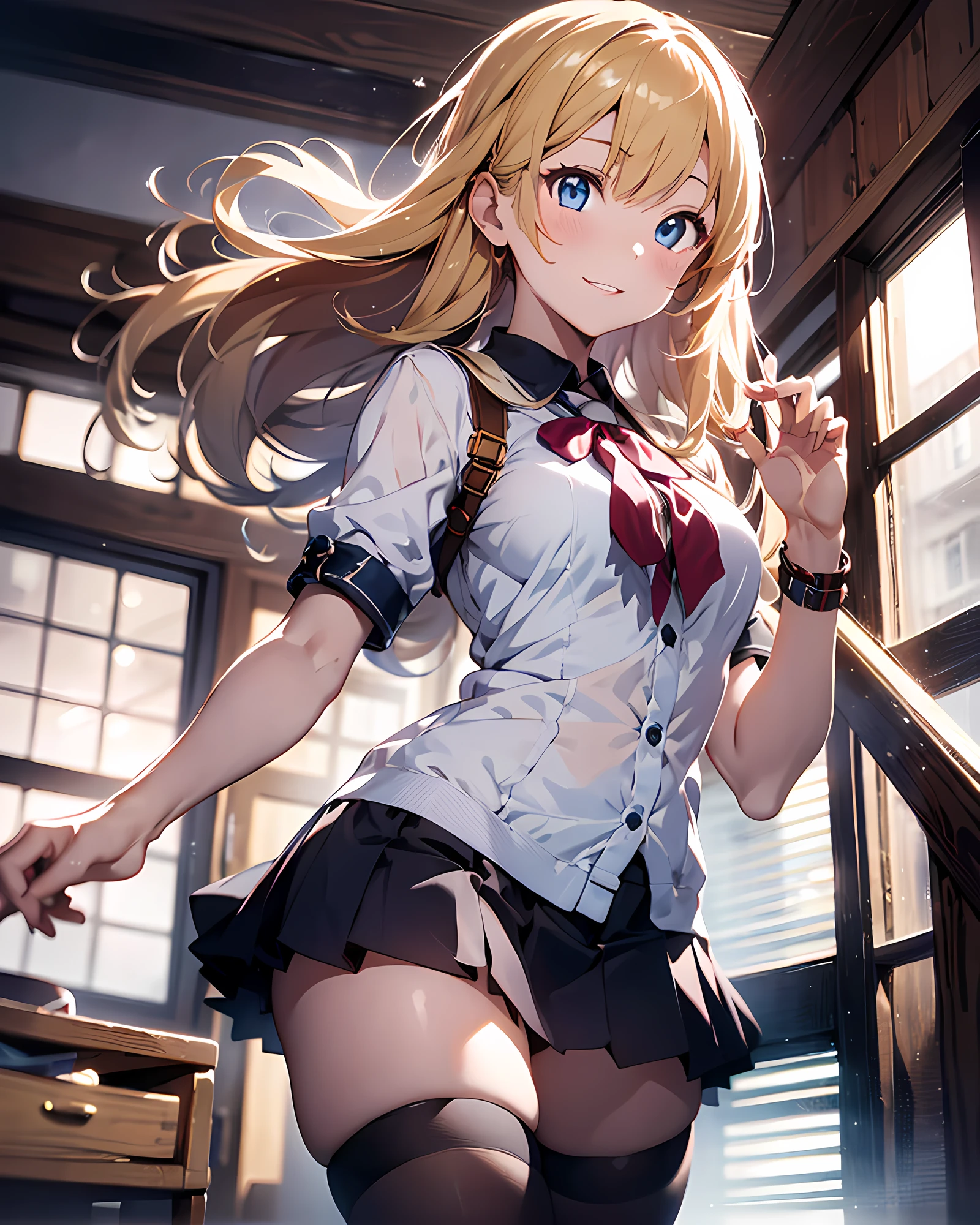 anime style illustration, highres, ultra detailed, (1girl:1.3), (dynamic pose):1.0 BREAK, cowboy shot, (pale skin:1.3), ((detailed blue eyes)), (bokeh effect), (dynamic angle), 1 extremely beautiful and glamorous Korean Idol at bedroom, wearing a school girl outfit, black stockings, BREAK, she has blonde wavy two-side-up hair style, medium-breasted, light smile, happy, wind, 8 life size, detailed clothes, detailed body, detailed arms, human hands, detailed hands, blush, light smile, pink lip gloss, looking the viewer, facing the viewer, sexy model posing, extremely leaning forward against the viewer, studio soft light, cinematic light, detailed background, realistic, ultra-realistic, masterpiece, 32k ultra-sharp image, Japanese anime waifu, concept art by Kyoto animation, Makoto Shinkai,