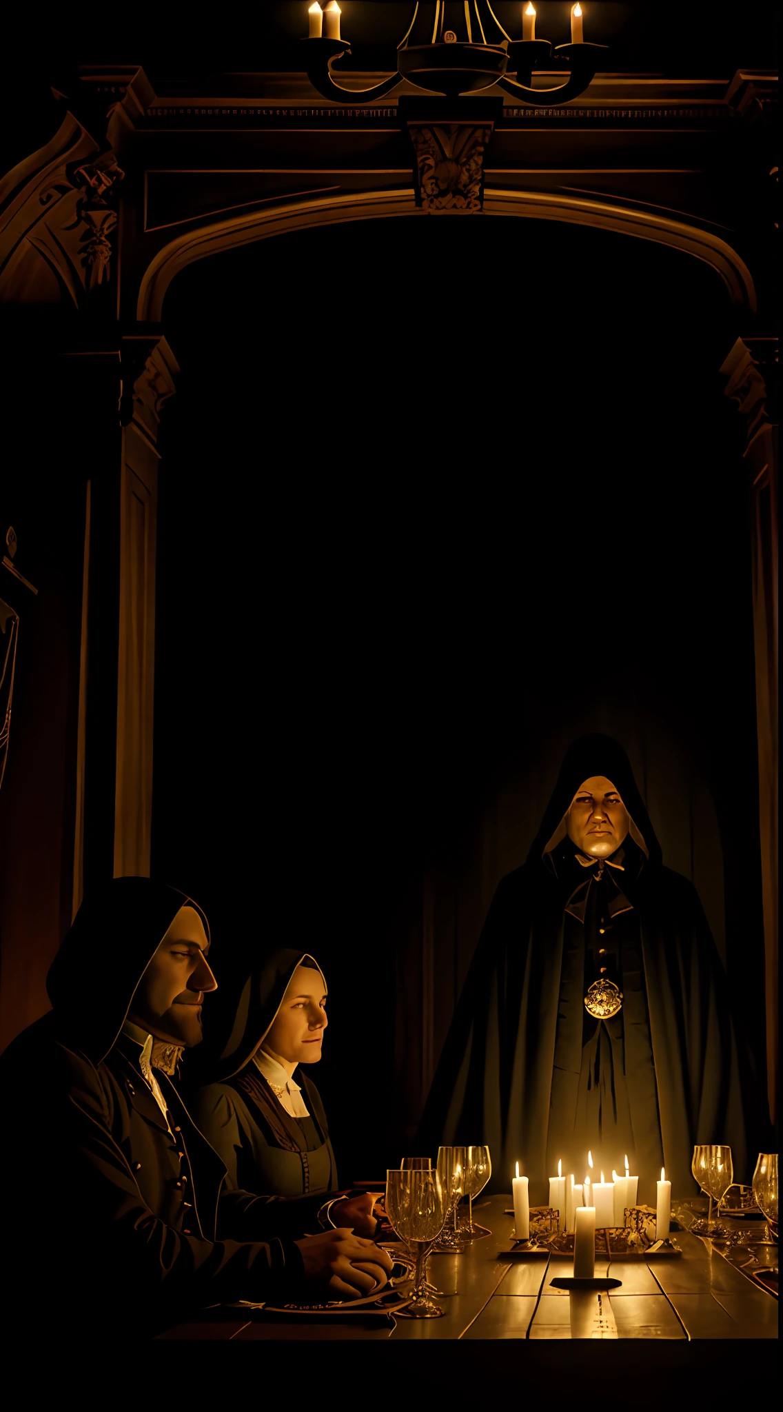 "A historically accurate depiction of a secret meeting of the Illuminati in the 18th century, featuring cloaked and shadowy figures seated around a large, wooden table. The setting should be dark and mysterious, with hints of candlelight illuminating the figures. The overall atmosphere should be tense and secretive, with an air of danger and intrigue."