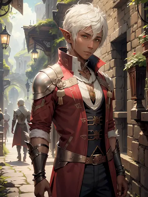 white short hair, male elf, dark skin, adventurer, fantasy outfit, fantasy setting, red jacket, shirt, darker skin