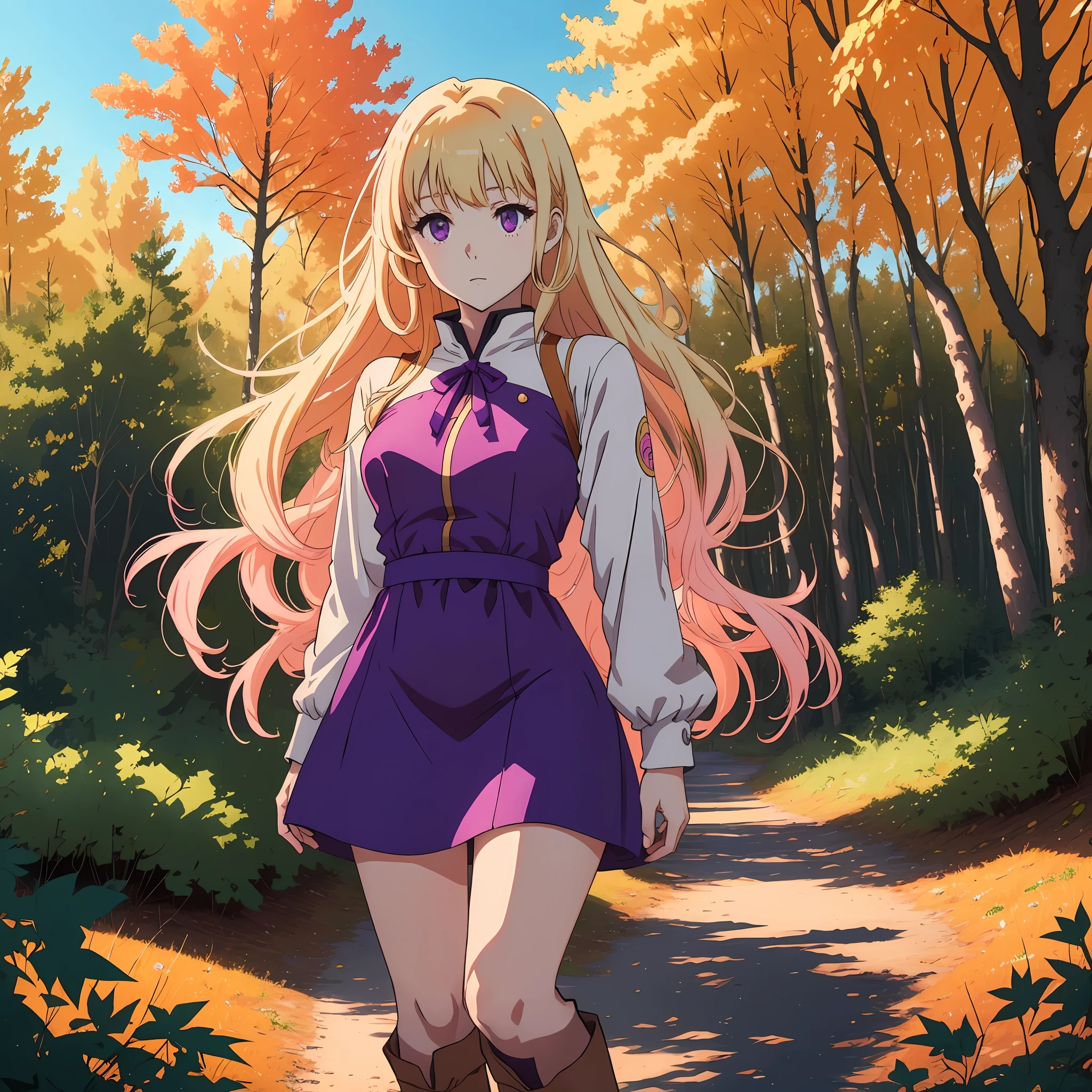 One Light blonde haired 2d anime girl with pale bluish purple eyes wearing gold pink short dress with blank knee length boots in an orange maple leave forest under bright blue sky alone by herself