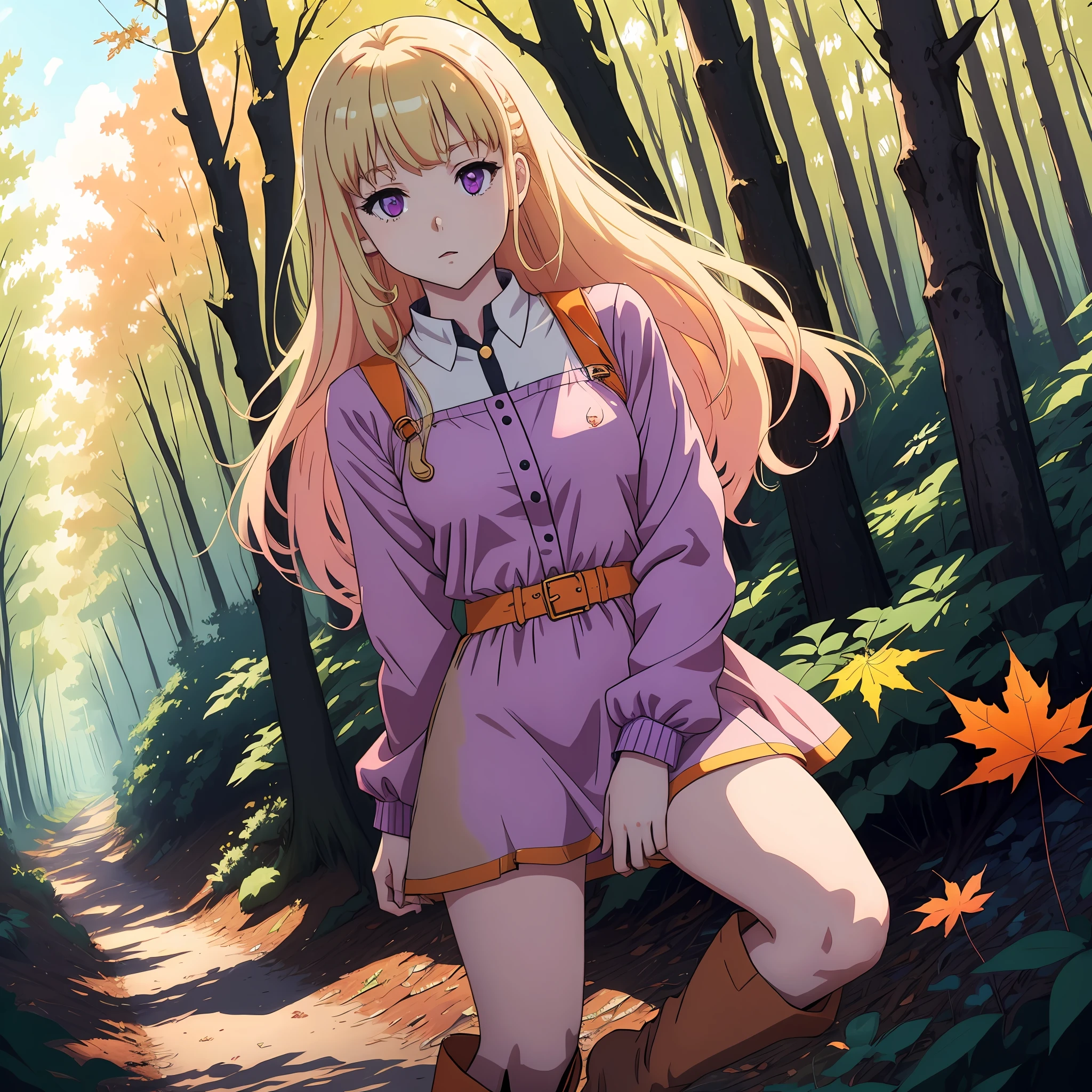 Ein hellblondes 2D-Anime-Mädchen mit blass bläulich-violetten Augen trägt ein gold-rosa kurzes Kleid mit knielangen Stiefeln in einem orangefarbenen Ahornwald unter strahlend blauem Himmel, ganz allein
