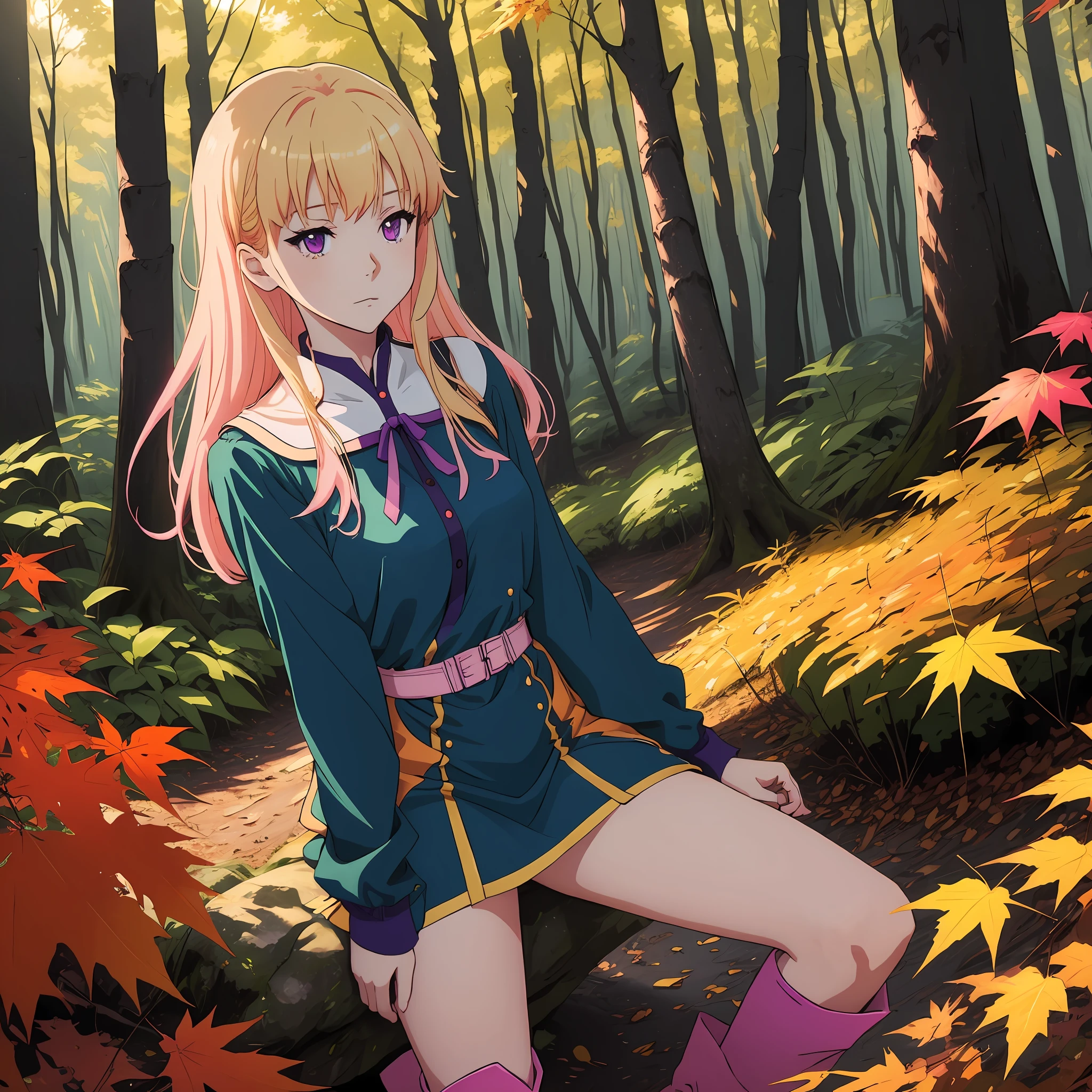 Ein hellblondes 2D-Anime-Mädchen mit blass bläulich-violetten Augen trägt ein gold-rosa kurzes Kleid mit knielangen Stiefeln in einem orangefarbenen Ahornwald unter strahlend blauem Himmel, ganz allein