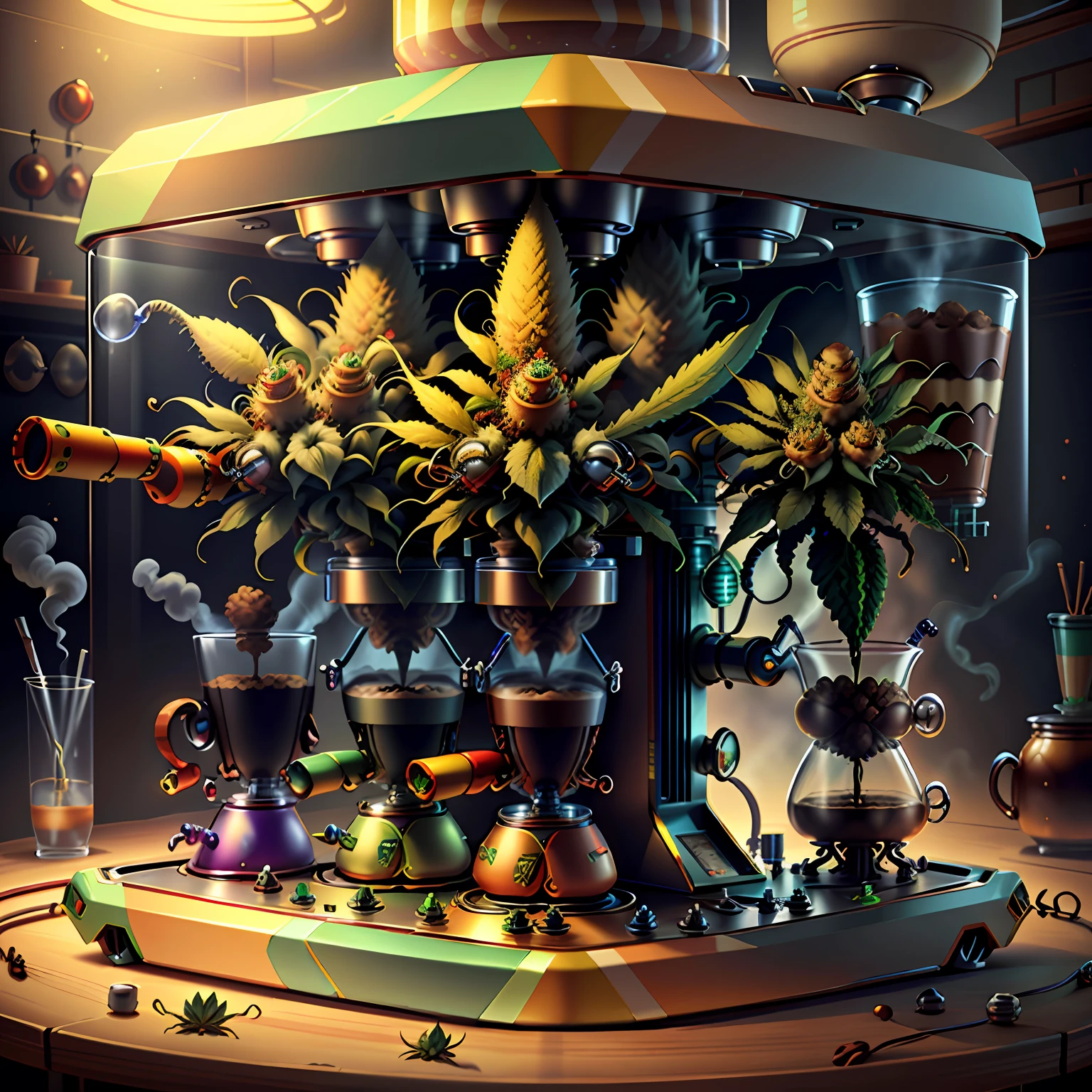 concept art, marijuana coffee machine, retro-futuristic