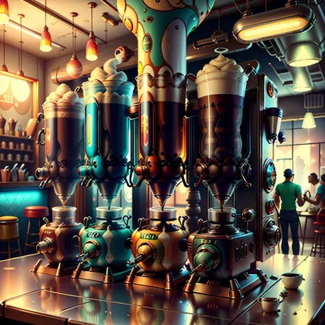 concept art, coffee shop, retro-futuristic