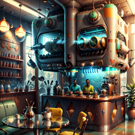 concept art, coffee shop, retro-futuristic