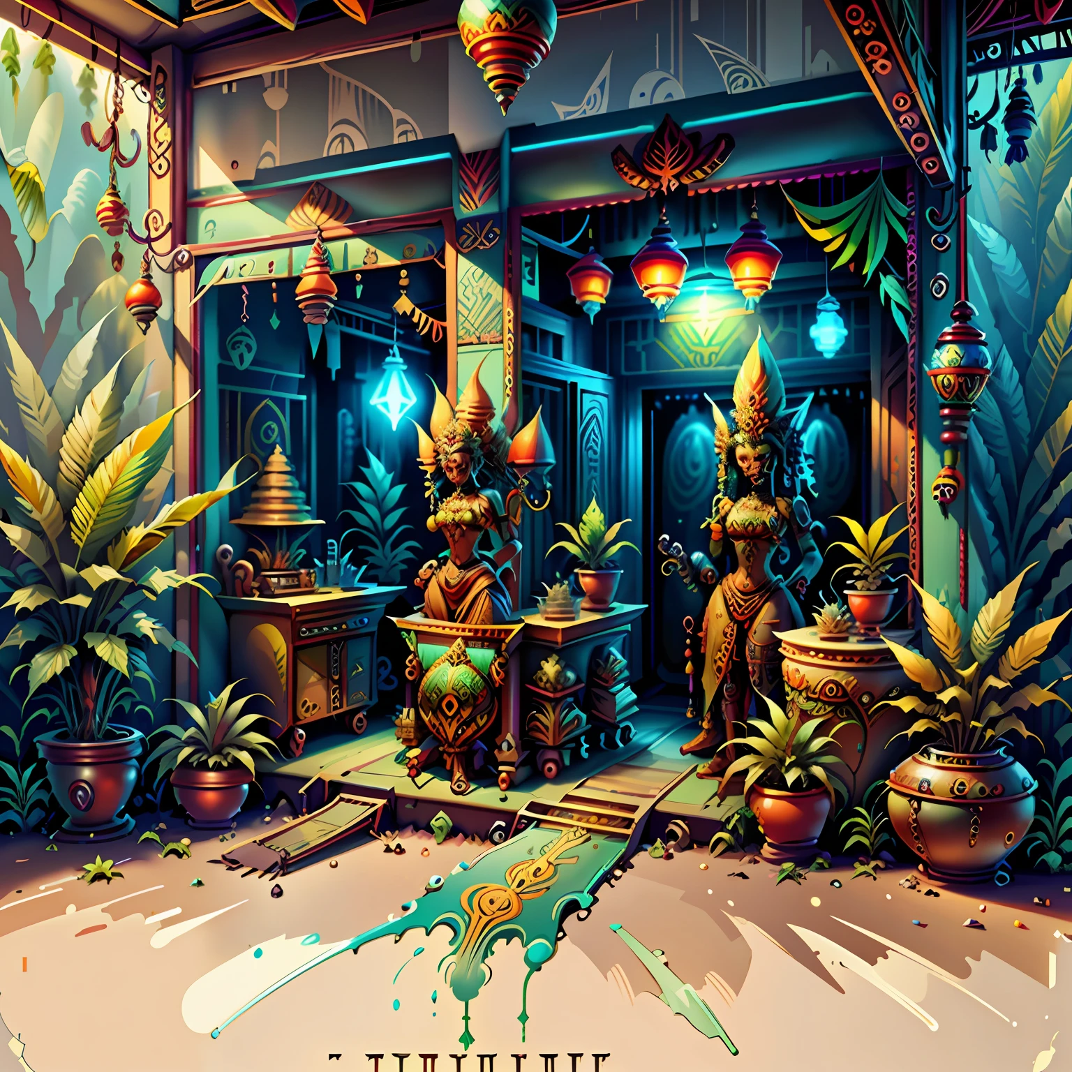 concept art, ganja shop, retro-futuristic, Bali art culture