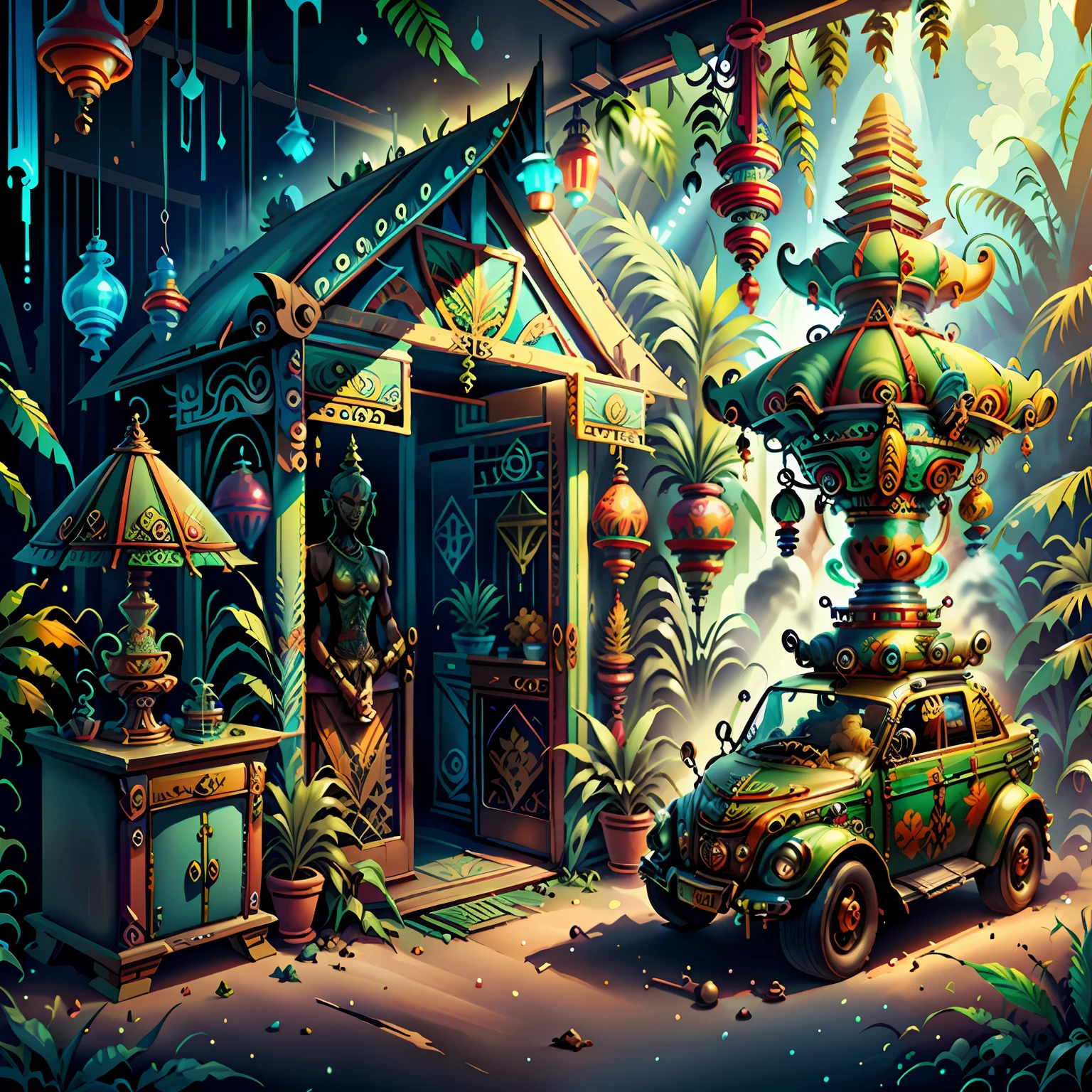 concept art, ganja shop, retro-futuristic, Bali art culture