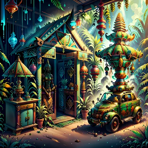 concept art, ganja shop, retro-futuristic, bali art culture