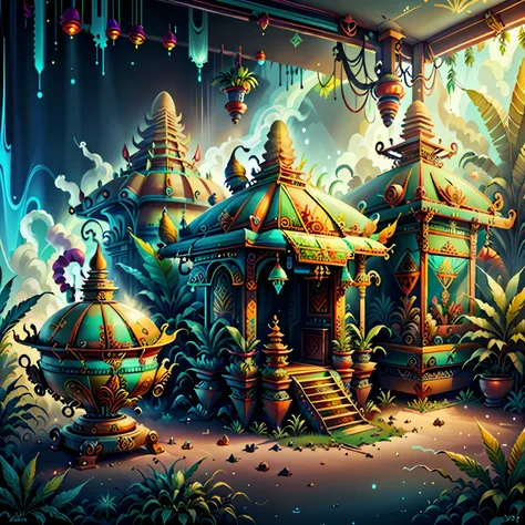 concept art, ganja shop, retro-futuristic, bali art culture