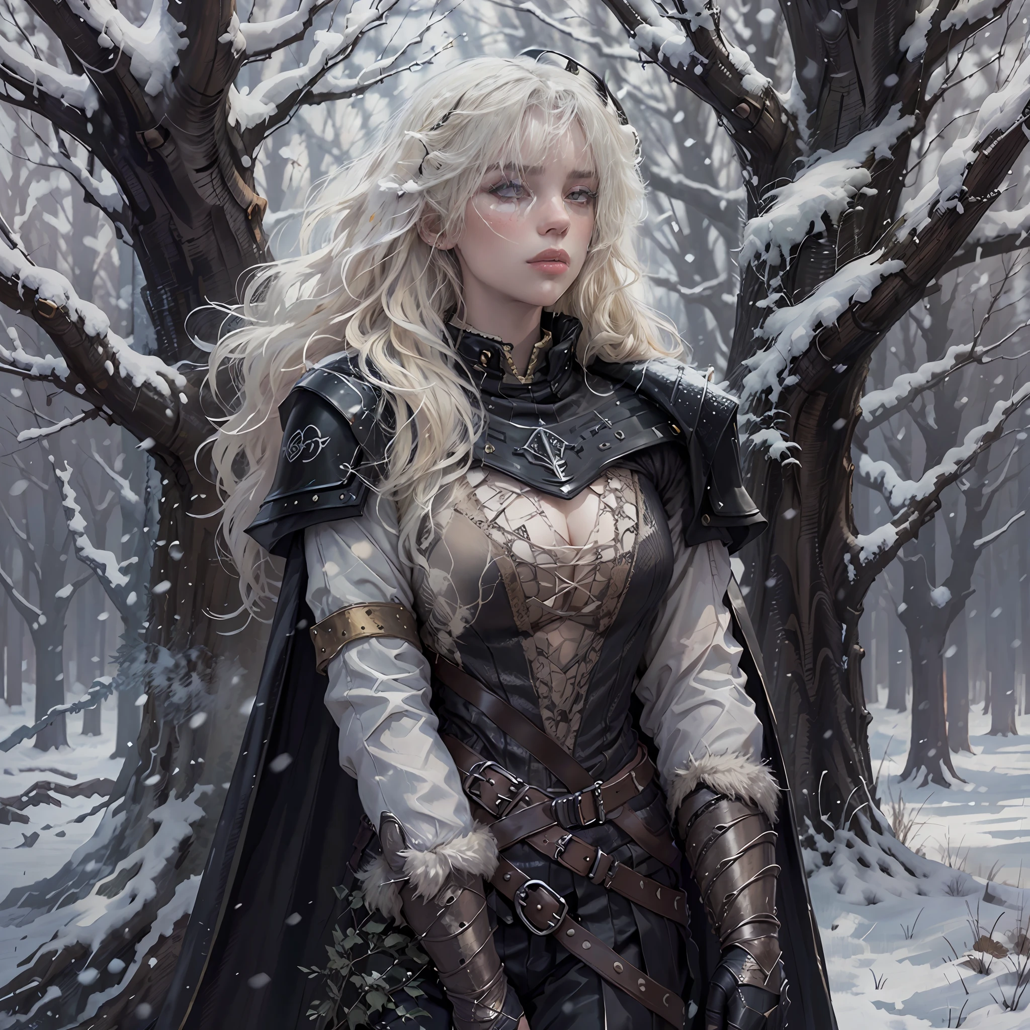 (masterpiece, top quality, best quality, official art, detailed:1.2), billieeilishW3, 1woman, solo, highly detailed face, perfect hands, long white wavy hair with simetrical black ram horns and no bangs, outdoors, wearing full pleated armor, tree, fur trim cape in white, black gloves, snow, snowing, winter, walking and looking away with a hand on her belt, bare tree, flat chested and fully clothed with long sleeve medieval shirt and black trousers and armored shoulder pads