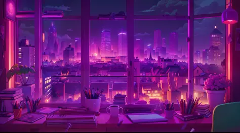 A city at night as seen from a window. anime, manga, and lofi. desk for studying. Cool, inviting, and comfy space. messy setting...