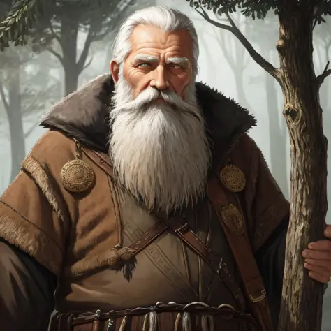 an old man with a beard and a beard standing in front of a tree, portrait of hide the pain harold, painted portrait of rugged odin, old man portrait, wise old man, druid portrait, male god svarog portrait, an old man, old man, hide the pain harold, by Ludw...