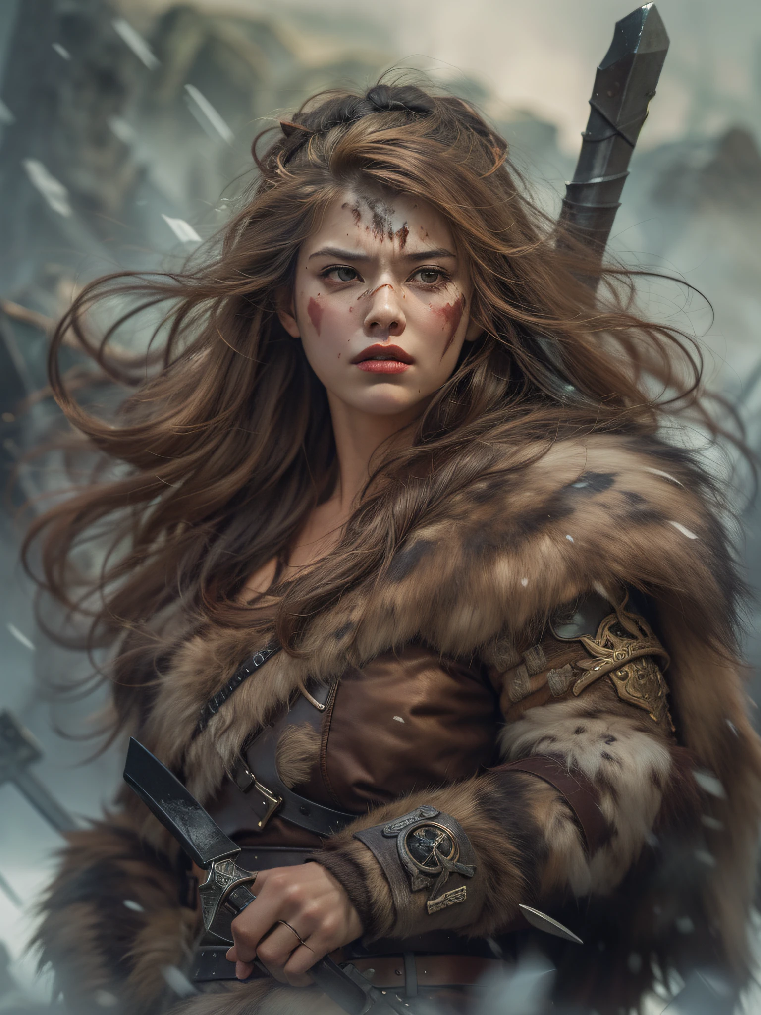 Uma imagem de uma selvagem e feroz mulher guerreira Viking, seu rosto ...