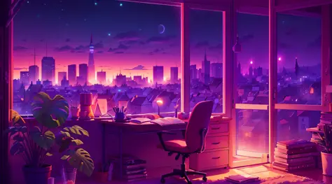 A city at night as seen from a window. anime, manga, and lofi. desk for studying. Cool, inviting, and comfy space. messy setting...