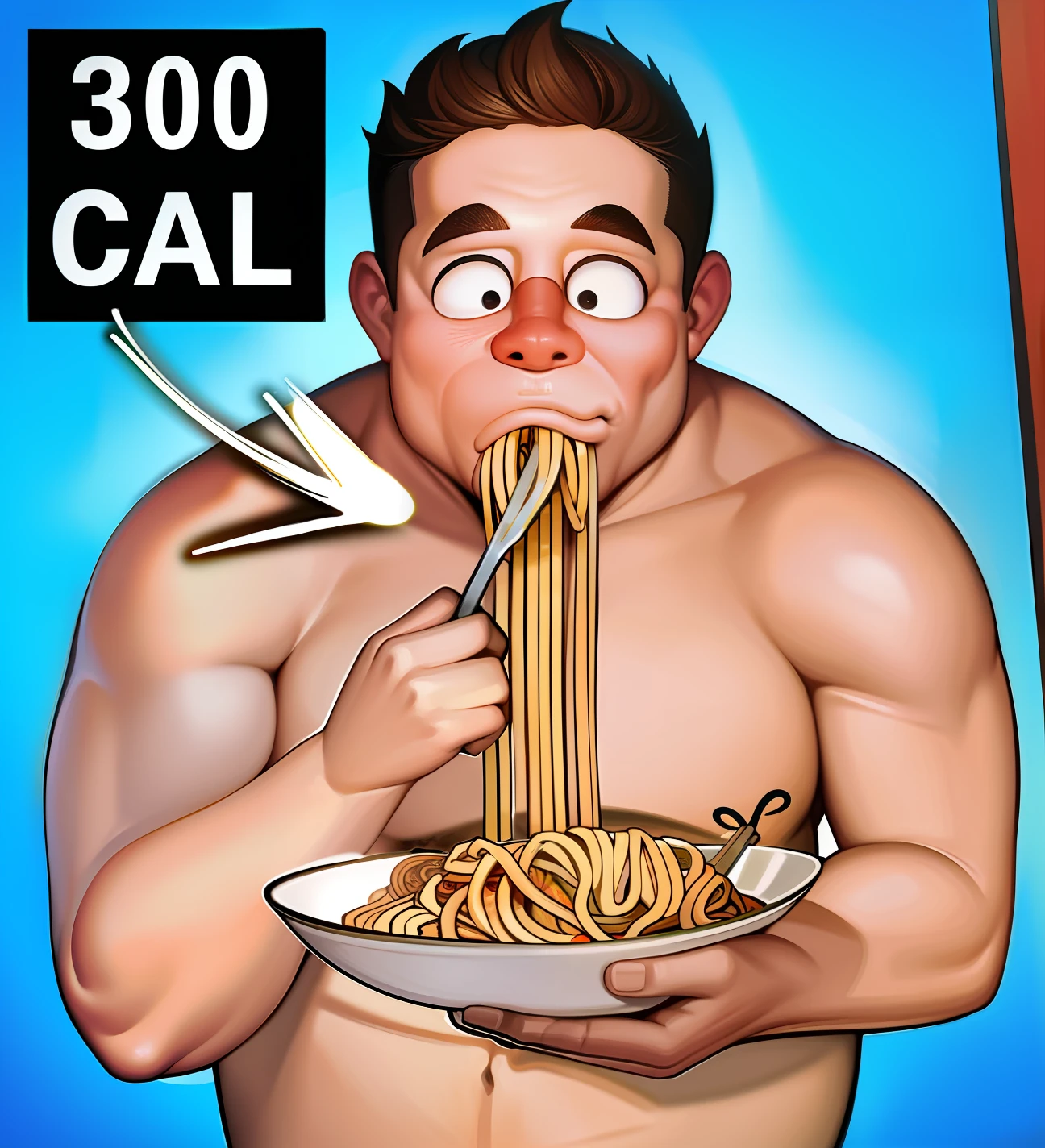 Cartoon of a man eating spaghetti with a fork and a spoon - SeaArt AI