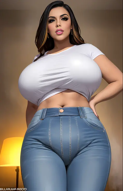 woman wearing a shirt and jeans, saggy breasts, huge breasts, big