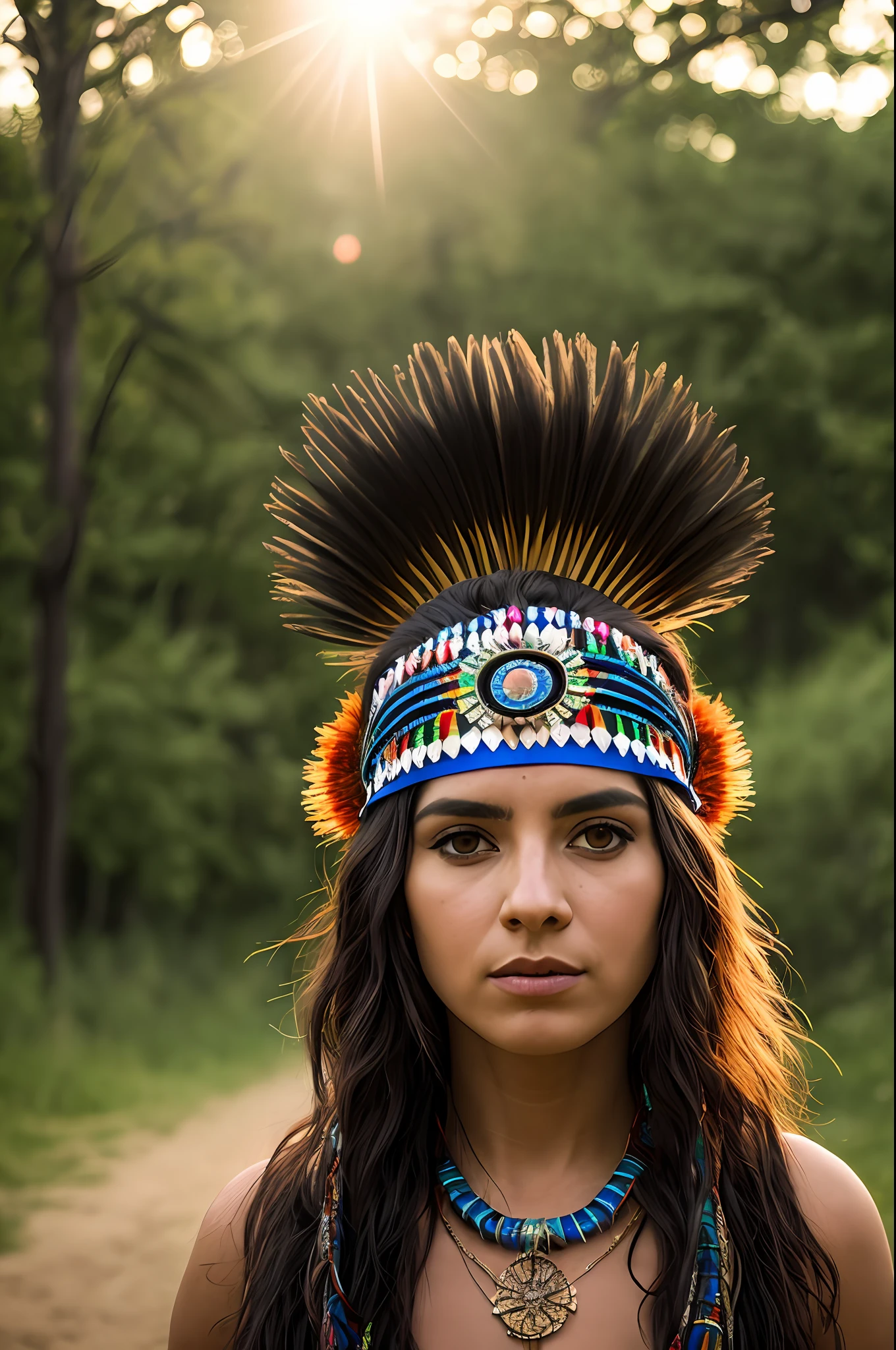 Arafed woman wearing a headdress and a necklace with feathers - SeaArt AI