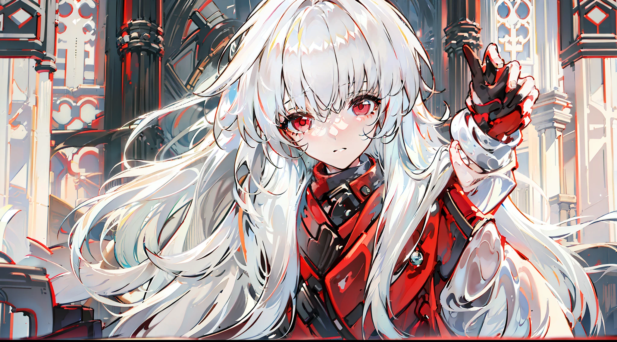 one-girl，White color hair，Red eyes，Bare legged，long whitr hair，Red coat,Red gloves