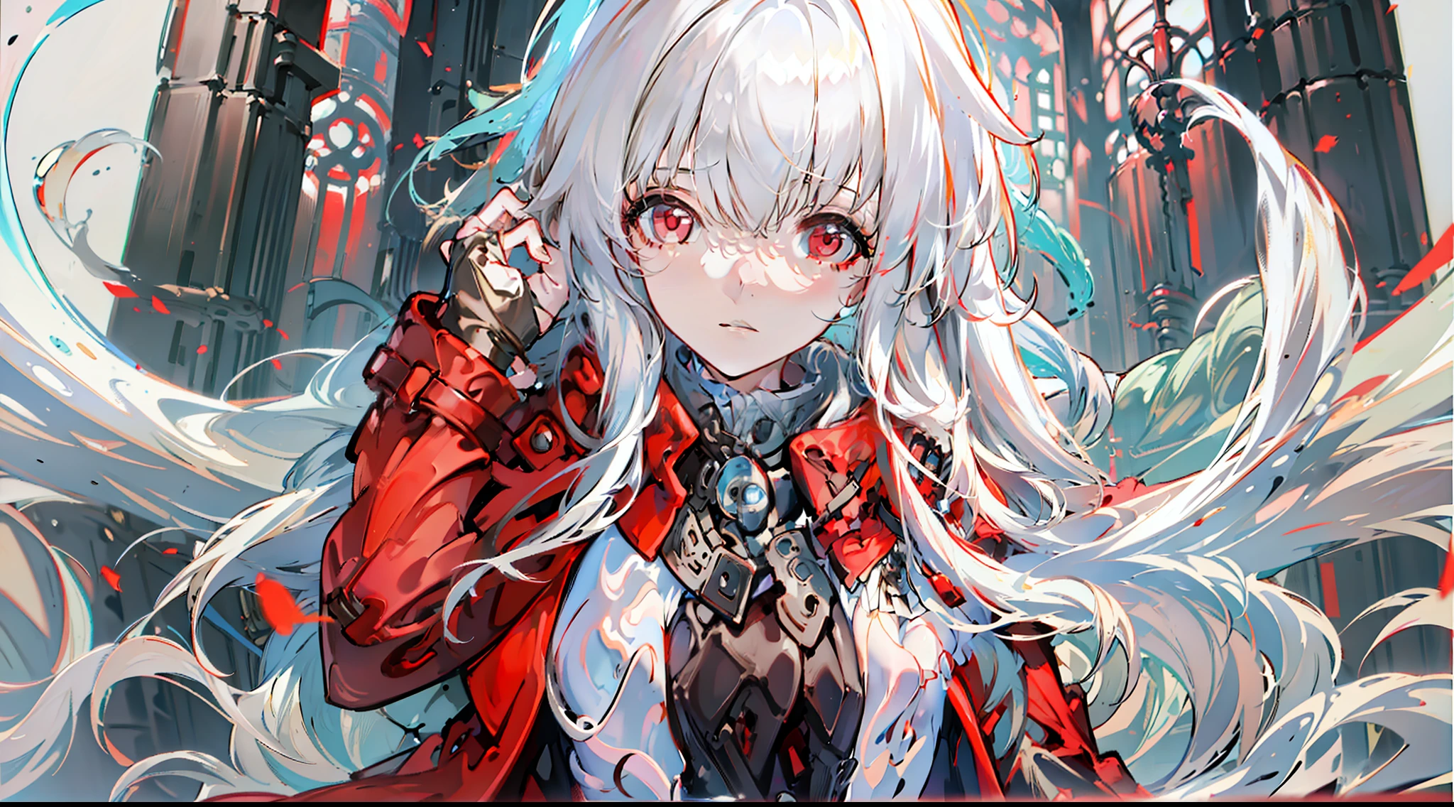 one-girl，White color hair，Red eyes，Bare legged，long whitr hair，Red coat,Red gloves