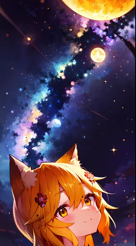 Ultra-detailed starry night scene, extremely focused image, (detailed light: 1.05), a fox girl with orange hair, small stature, ...