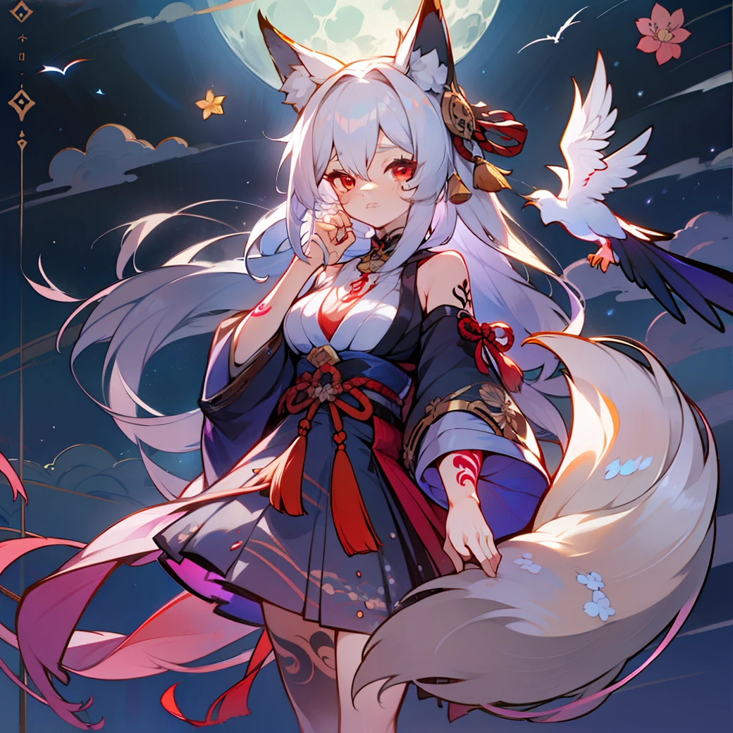 (highly detailed 8k wallpaper), best resolution, 1girl, moon, bird, star_\(sky\), long_hair, starry_sky, (((white_hair))), animal, wide_sleeves, night, flower, night_sky, holding, very_long_hair, full_moon, looking_at_viewer, ribbon_trim, ribbon-trimmed_sleeves, long_sleeves, skirt, red_eyes, solo, japanese_clothes, sky,((medium breasts)), (((Pornographic tattoo))),fox ears, fox tail, fox girl,