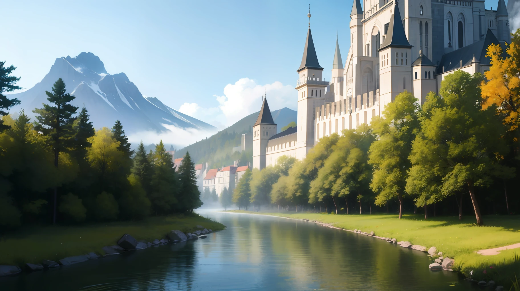 (extremely detailed CG unity 8k wallpaper),(((masterpiece))), (((best quality))), ((ultra-detailed)), (best illustration),(best shadow), ((an extremely delicate and beautiful)),dynamic angle,floating,
((the best building)),mist encircles the mountains, The castle stands out against the sky,
(detailed light),feather, nature,(sunlight),river, forest,beautiful and delicate water,(painting),(sketch),(bloom),(shine),