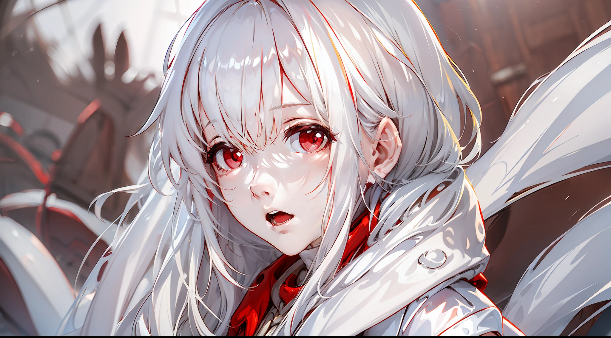 one-girl，White color hair，Red eyes，Bare legged，long whitr hair，Red coat,