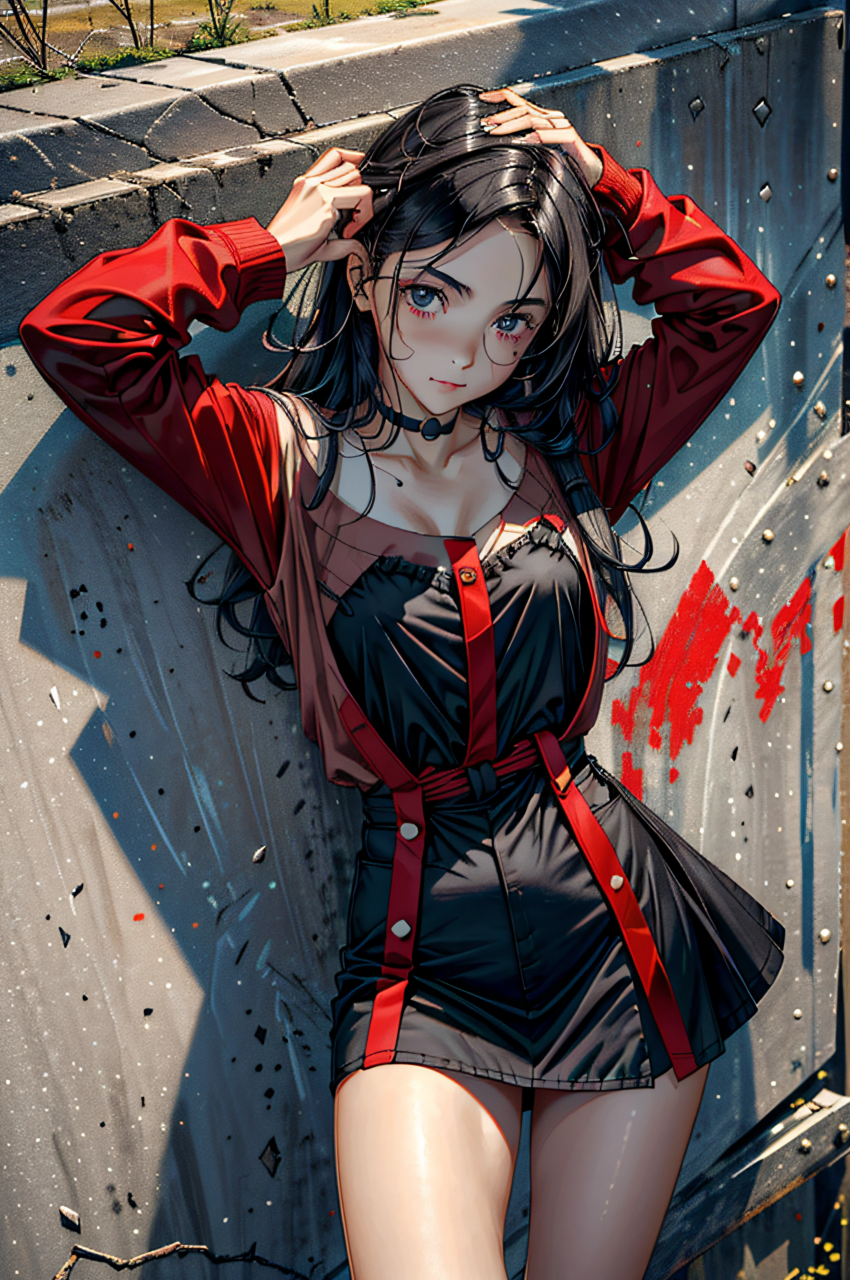 ((Masterpiece, high quality, Best Quality, highres, ultra-detailed, 8k: 1.4), 1girl, blood por todas partes, salpicaduras de blood, dark tone, red tone, Red eyes, running from zombies, big breasts, gloves, neckline, ((loose hair, Alternative hairstyle)), shoes, gloves blancos, hair over one eye, high heels, WMASK, ((Medical patch, WMASK ))), radiation marks, Cruz, Wide hips, gorra de nurse, nurse, narrow waist, Cruz roja, ((blood, blood en la ropa, salpicaduras de blood, abstract, pared llena de blood, en una pared de blood, depth of field, perspective: 1.4)), Por kyoto animation,