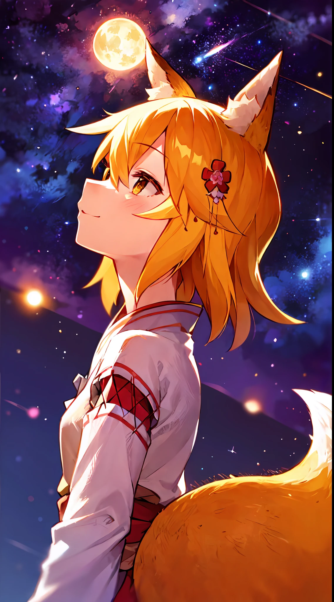 Ultra-detailed starry night scene, extremely focused image, (detailed light: 1.05), a fox girl with orange hair, small stature, solo, kimono, miko, fox ears and tail, floral hair ornament, gazing up with wonder in her crisp, luminous emerald eyes, enchanted smile on her flawless face, dazzlingly clear night sky filled with two sharp, detailed moons, brilliantly vivid constellations swirl overhead, notes of rich purple, blue and green fill the crisp sky, representing her sense of awe and hope, elegant beauty, masterful depth, textures and details