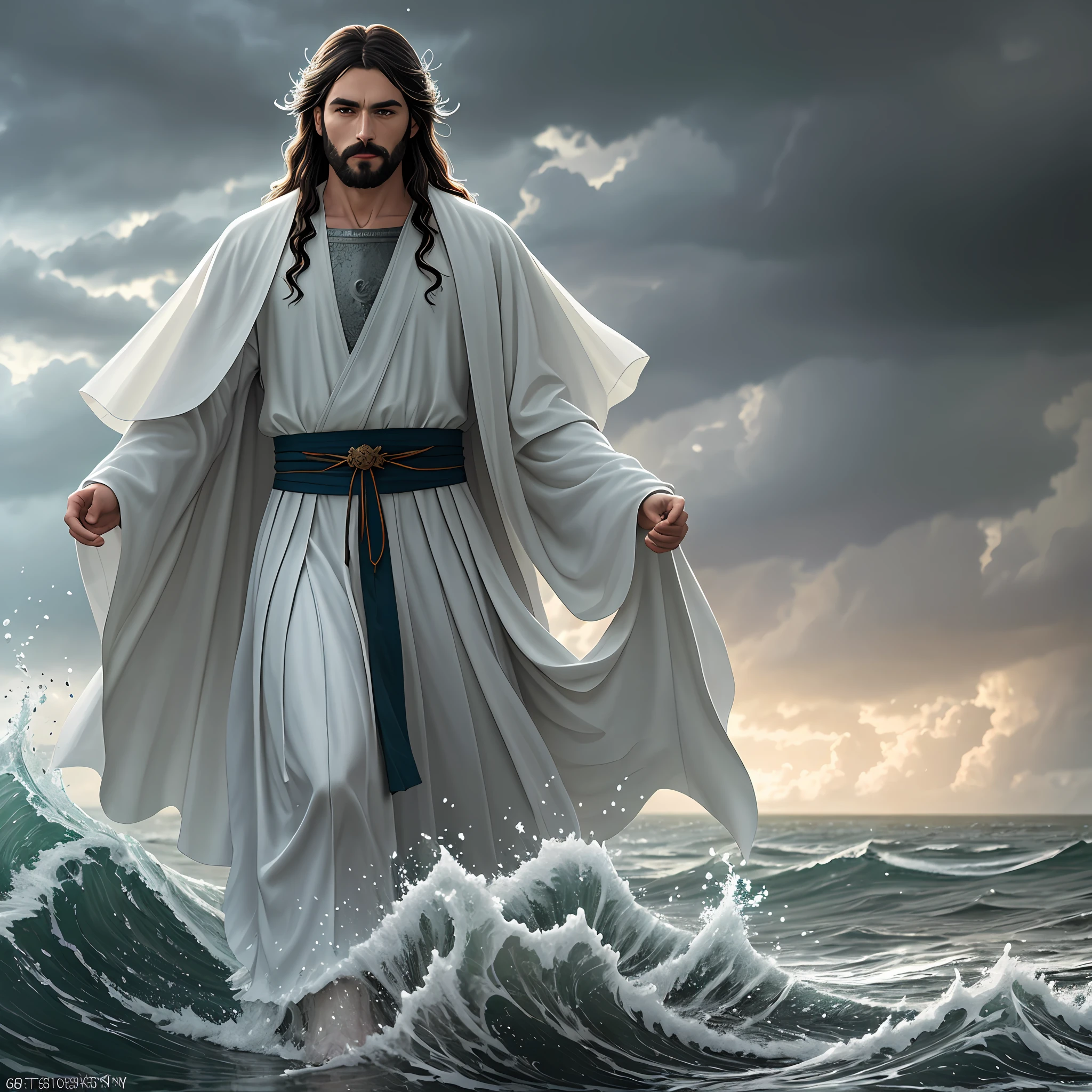 jesus walking on water in a storm, masterpiece, best quality, high quality, extremely detailed CG unit 8k wallpaper, award winning photography, Bokeh, Depth of Field, HDR, bloom, Chromatic aberration, photorealistic, extremely detailed, trending on artstation, trending on CGsociety, intricate, high detail, dramatic, mid-journey art, volumetric lighting