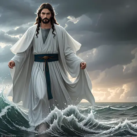 jesus walking on water in a storm, masterpiece, best quality, high quality, extremely detailed cg unit 8k wallpaper, award winni...