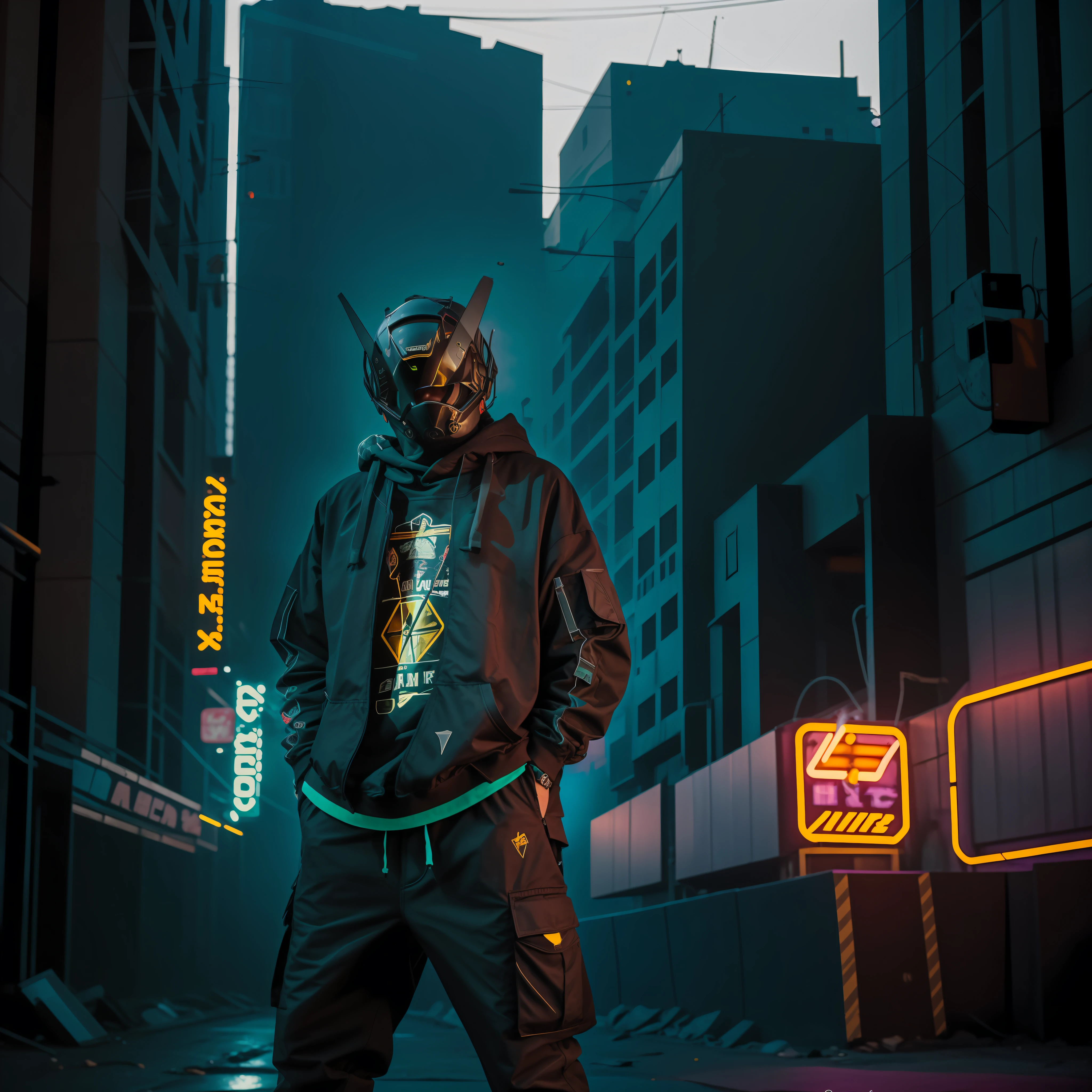 . Insta photo, mid-shot, high-resolution photography: A cyberpunk citizen wearing a comfortable oversize black hoodie and black cargo pants, with a black helmet in a hitech style, standing in front of a wall with "WISEGUY" spray-painted in neon letters. The image should be moody and atmospheric, with light and shadow creating a cinematic, action movie feel. Using tools like Adobe Lightroom and Photoshop, the image should be a high-resolution photograph, featured on Instagram Explore and National Geographic.