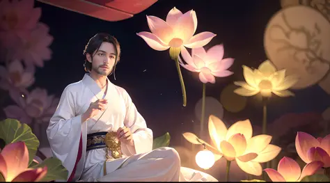 (Enfoque positivo), (A oscuras: 1 Buda), 40-year-old man with big lotus flower behind him. Retratos masculinos surrealistas de D...