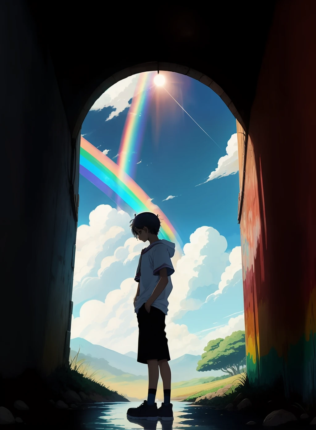 Anime, colorido, obra de arte, alta definição,  sozinho, em pé, Observando um arco-íris, pele escura, cabelo curto, adolescente, roupa colorida, meio da rua