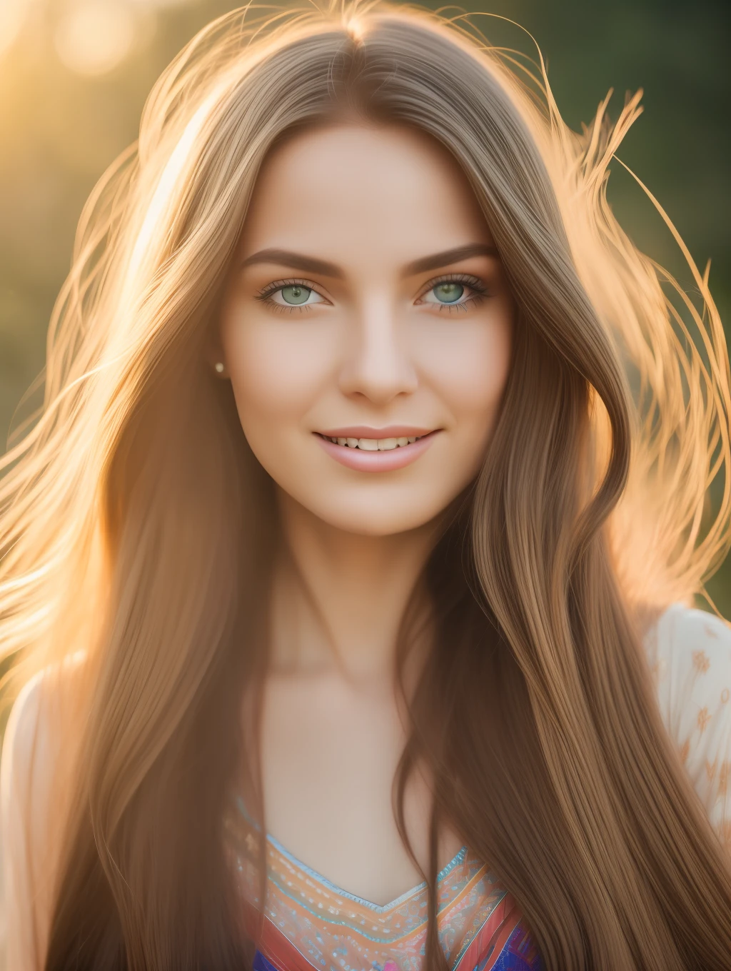 A realistic, insanely beautiful happy bohemian woman, long flowing windy hair, full length, highly detailed face, nature background at sunset, detailed body, highly detailed, soft colors, porcelain skin, elegant, golden ratio, blonde hair, long flowing windy hair, extremely beautiful detailed eyes, bright colors, rainbow hair, giving a sense of isolation and introspection, backlighting, hasselblad helios 48mm F2