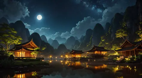 pond filed with lotus flowers, bamboo flame torches on the pondside, boats, Ninh Binh landscape, Vietnam, Tam Coc, Bich Dong, karst topography, centered, symmetry, painted, intricate, volumetric lighting, beautiful, rich deep colors masterpiece, sharp focu...