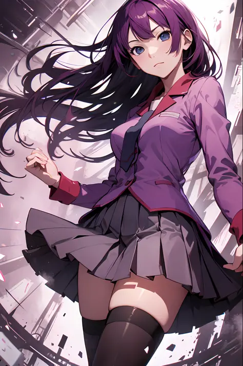 masterpiece, best quality, highres, sh1, senjougahara hitagi, long hair, long sleeves, necktie, school uniform, pleated skirt, j...