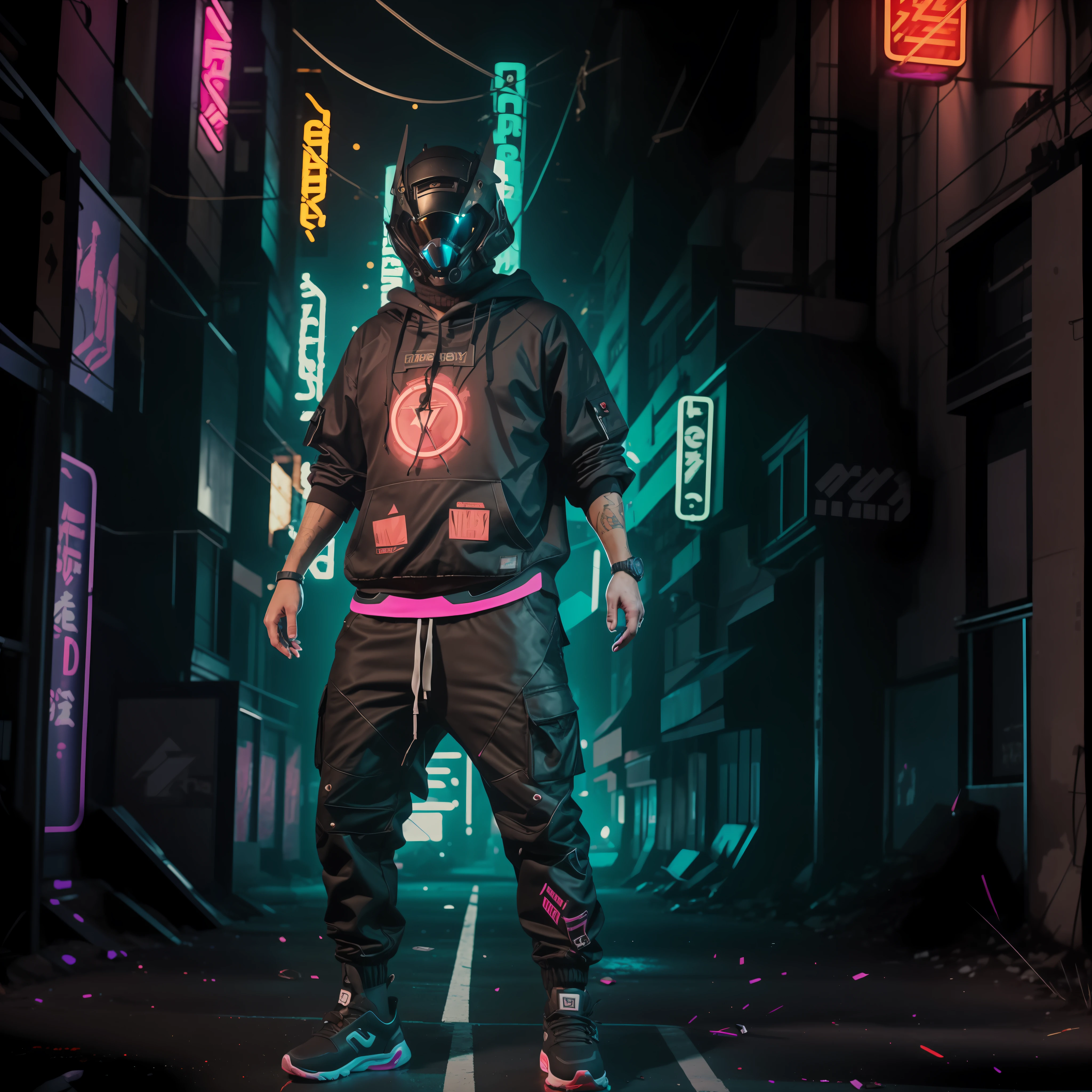 Full body shot, intricate stop-motion animation: A cyberpunk citizen wearing a comfortable oversize black hoodie and black cargo pants, with a black helmet in a hitech style, running through a dark alley in a Cyberpunk City, with "WISEGUY" spray-painted in neon colors the background. The image should be playful and whimsical, with intricate details on the character and environment. Using tools like Dragonframe, After Effects, and Blender, the image should be a high-resolution stop-motion animation, featured on Vimeo Staff Picks and YouTube Trending.