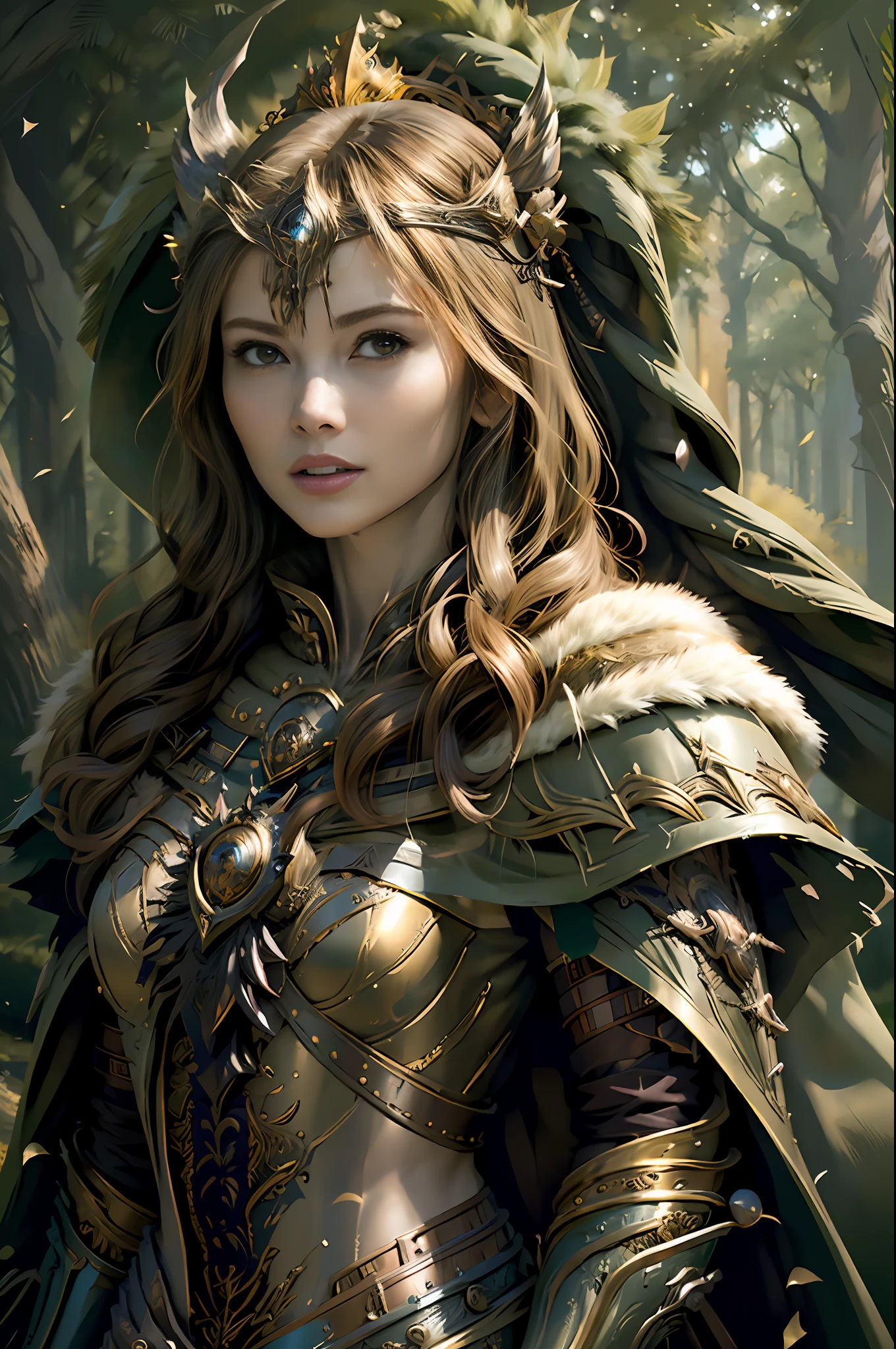 (masterpiece, top quality, best quality, official art, beautiful and aesthetic:1.2), (1girl), (warrior queen armor, fur-lined cape, jeweled crown:1.2),serious