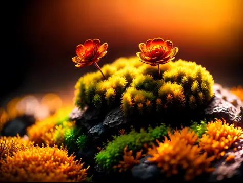 a small orange flower sitting on top of a moss covered rock, fade, slate gray, orange color lookup, (teal and orange:0.7), cinem...