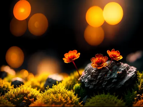 a small orange flower sitting on top of a moss covered rock, fade, slate gray, orange color lookup, (teal and orange:0.7), cinem...