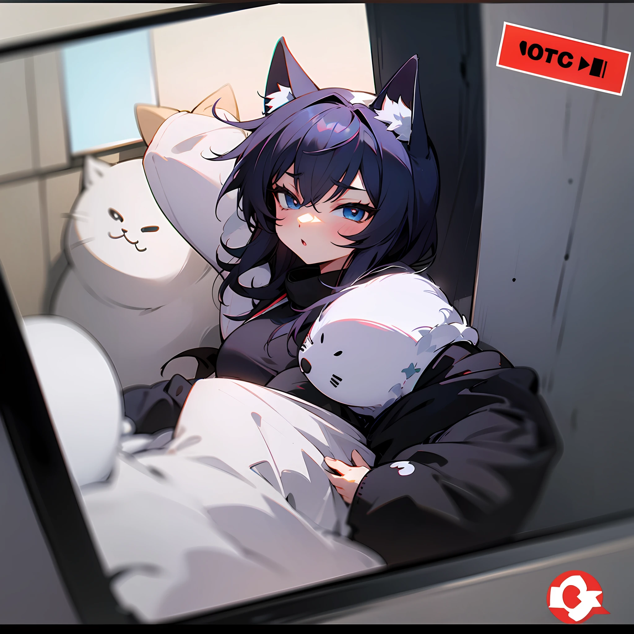 Anime character laying in bed with cat and dog behind her - SeaArt AI