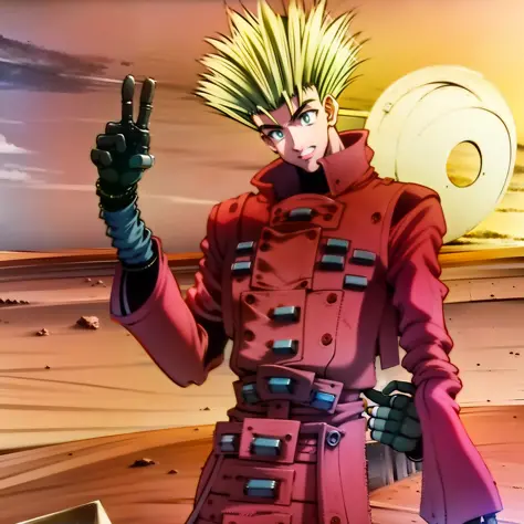 awesome coherent anime screenshot of vash the stampede from trigun anime!, posing for a picture, making a sign of peace!, desert...