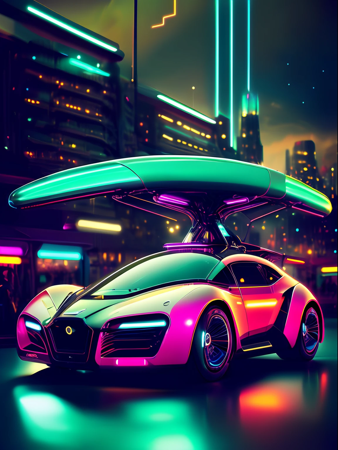 سيارة ذات مفهوم مستقبلي ديناميكي هوائي تنزلق عبر مدينة مليئة بأضواء النيون على طراز الأربعينيات القديم, مع ((خطوط الضوء زائدة)) تسليط الضوء على منحنياتها الأنيقة.