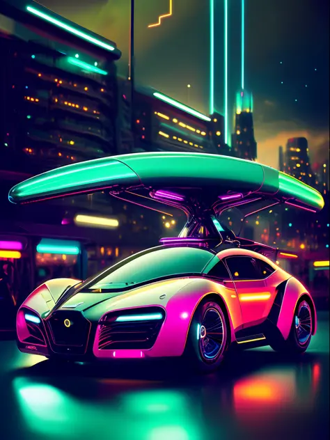 aerodynamic futuristic concept car gliding through a city of neon lights in a retro 1940s style, with ((trailing light streaks))...