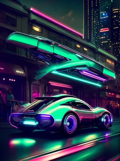 Aerodynamic futuristic concept car gliding through a city of neon lights in a retro 1940s style, with ((trailing light streaks))...