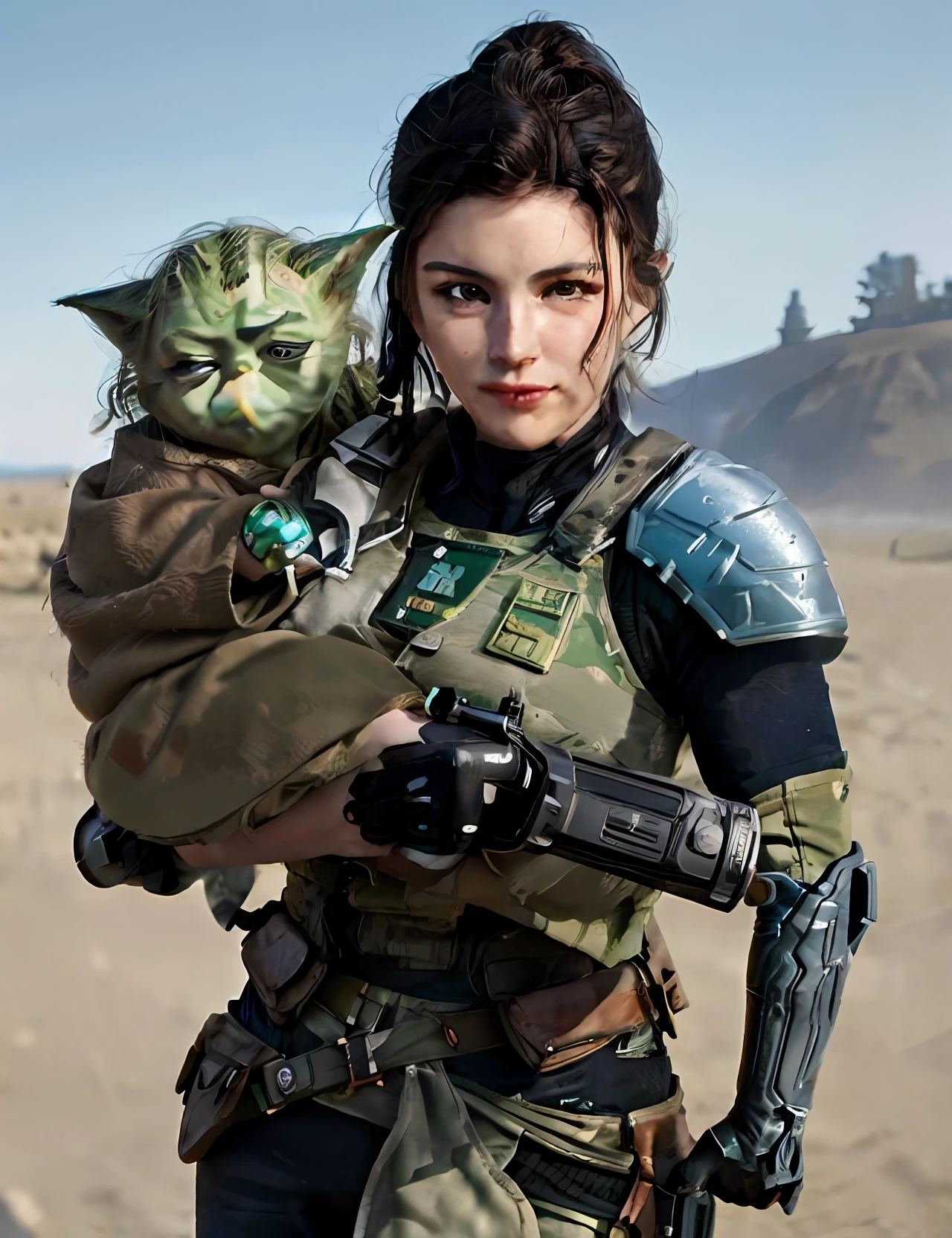 ((realism)), extremely high quality RAW photograph, detailed background, intricate, Exquisite details and textures, highly detailed, Photo of (Gina Carano) as Cara Dune, holding baby Yoda, holding a gun, Looking behind the camera, ultra detailed photograph, warm lighting, artstation, 4k, sharp focus, high resolution, detailed skin, detailed eyes, 8k uhd, dslr, low harsh lighting, high quality, film grain, Fujifilm XT3,