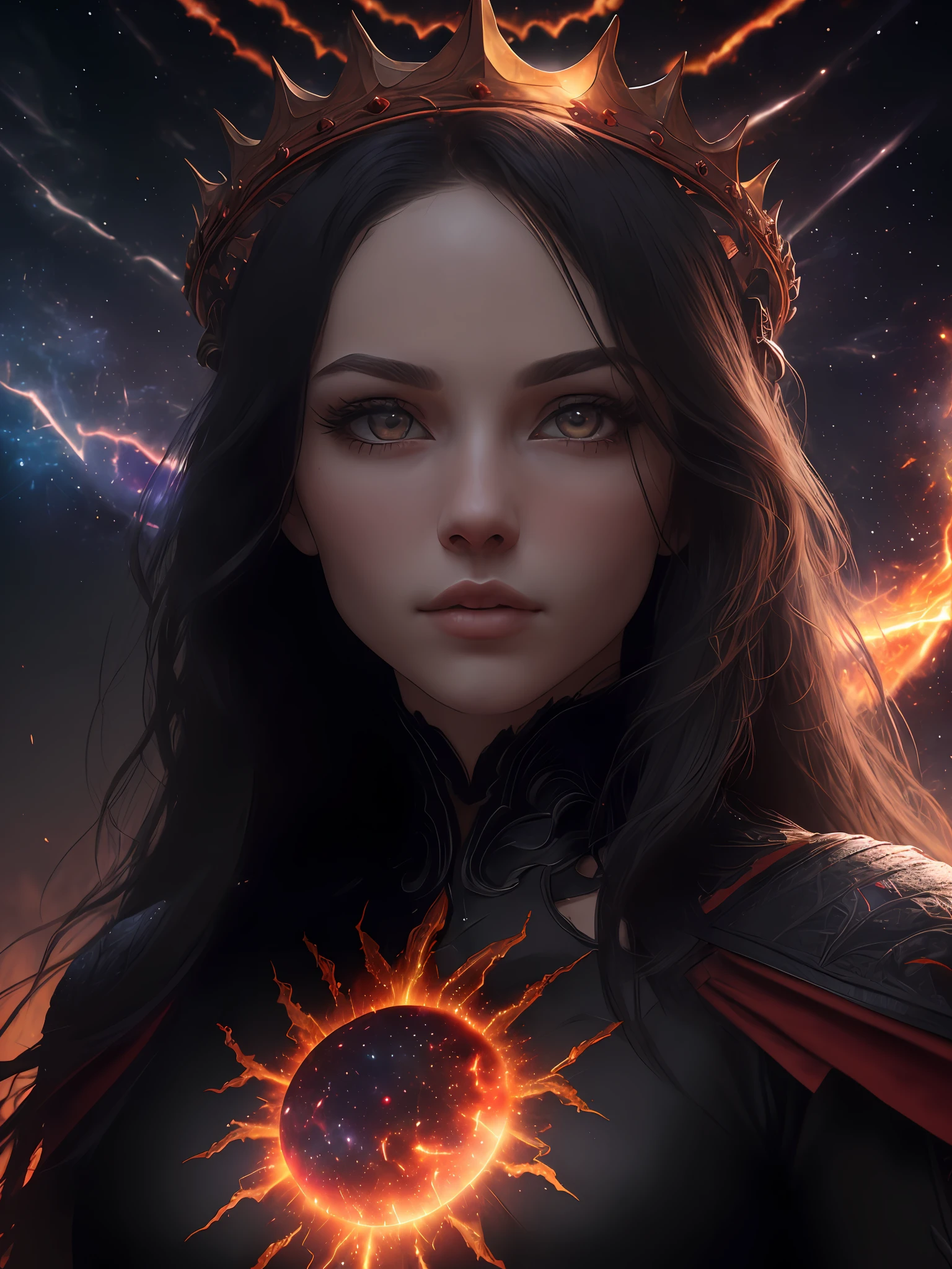 (professional portrait of a gorgeous female:1.3), (highly detailed face and eyes:1.3), (explosion of supernova flames, fire corona, halo of flames:1.5), (pretty face:1.3), (crown made of daggers:1.3), arrogant expression, highly detailed hair, (red_eyes:1.3), long straight black hair, plump lips, attractive features, delicate chin, intricate layered gothic black gown, (best quality, masterpiece, RAW photo, 8k:1.2), (intricate detail, highly detailed, insane detail:1.2), (natural lighting, fire light, dark shadows, crimson light:1.2), (black and red night sky, mist and fog, haunted castle scenery:1.1), (large red blood moon background:1.1), solo, 1girl, fantasy style, concept art, sharp focus, bokeh, (ultra high res, ultra high resolution:1.2), (photorealistic, ultra-realistic, hyper-realistic:1.2), soft contour, professional photography, fine-art photography, rule of thirds, macro photography, HDR, Chiaroscuro, unreal engine 5, ue5, trending on artstation, award winning, (centered, wide angle, close up, panoramic, focus on upper body, straight on view:1.2)